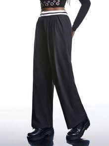 SHEIN EZwear 大码夏季撞色口袋休闲阔腿裤，适合毕业季、返校季、教师装扮，高腰阔腿裤，秋冬季商务休闲女装。 - 黑色 - 查看 3