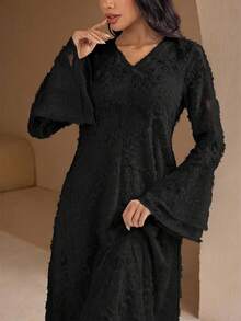 Veilorie Women's Elegant Solid Color Flare Sleeve Dress, Autumn Long Dress With Sleeves - Black - View 6
