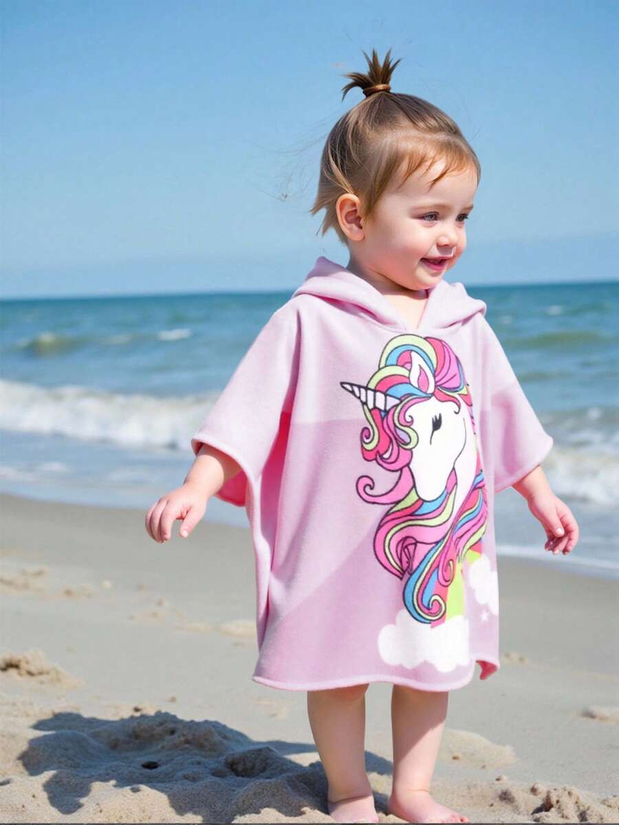 SHEIN 女婴可爱休闲粉色卡通图案连帽宽松泳衣罩衫