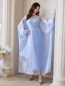 Al Najma Đầm maxi dài kiểu Thổ Nhĩ Kỳ cổ điển màu xanh nhạt dành cho nữ, áo choàng dài truyền thống Ả Rập. - Màu xanh lam - Xem 7