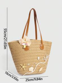 ROMWE Fairycore 1 pieza Bolso de playa de paja con diseño floral de gran capacidad, con decoración de concha, caracol, coral y perla con temática de vacaciones para mujer - Marrón claro - Ver 2