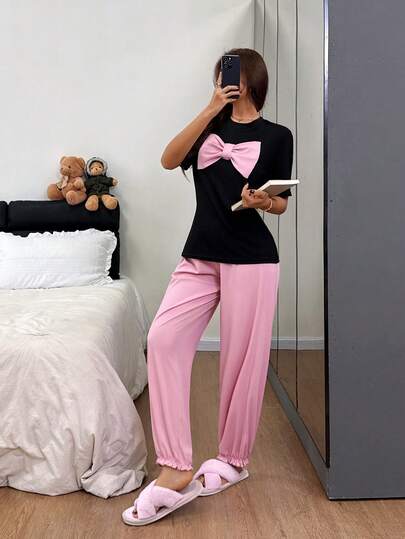 Dream Adore 2pcs Contrast Color Bow Decor Round Neck Short Sleeve Pajama Set, Fashionable & Cute Home Sleepwear