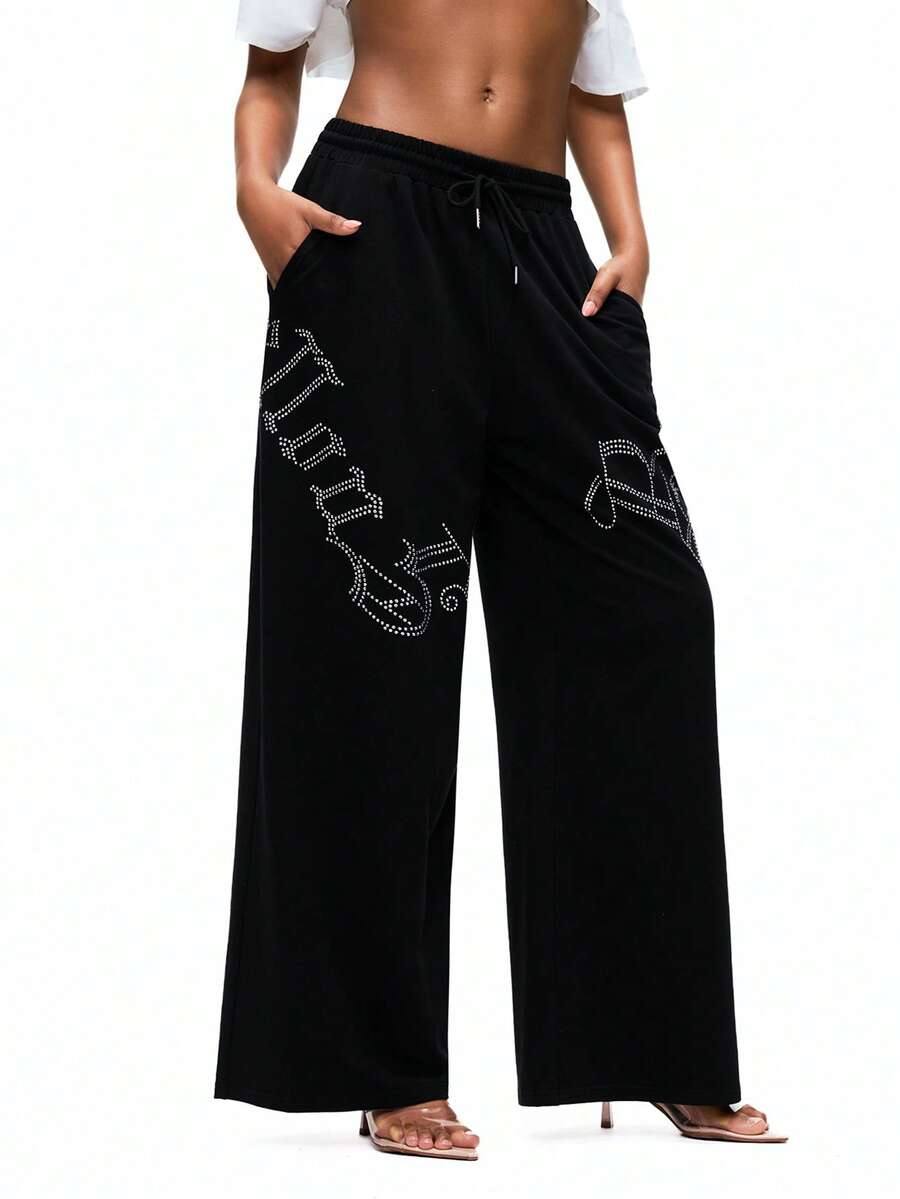 TypaGal Y2K Sexy Black Edgy Chic  Modern Wild Women's Rhinestone Drawstring Waist Slant Pocket Casual Wide Leg Pants Spring Summer  Fashion Street Punk Rock Style Music Festival Concert Hip-Hop Holiday  Going Out - Black - View 1