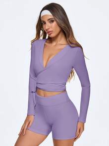 Eassivo Eassivo Women's Purple Wrap V Neck Long Sleeve Crop Top,Stretchy Yoga Outfits, Pink Gym Activewear,Light Pink Top,Women's Casual Sports Tie-Up Long Sleeve T-Shirt - Purple - View 3