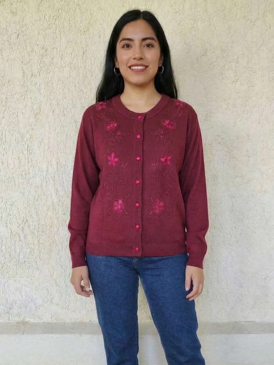 Suéter de punto suave para mujer con bordado de flores de colores - Burdeos - Ver 1