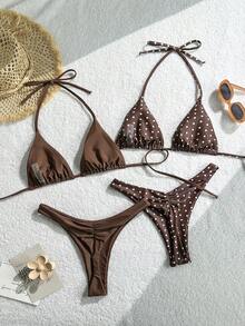 Swim Mod 2-4pcs/Set Women's Polka Dot & Solid Color Tie Side High Cut Bikini Swimsuit Set, Beach Holiday Bathing Suits For Women Bathing Suit Sets Triangle Bikinis Bikini Sets Polka Dot Bikini Summer Bathing Suits - Brown - View 2