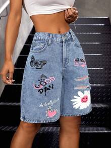 SHEIN 少女字母蝴蝶图案口袋做旧百慕大牛仔短裤 - 淺色水洗藍 - 查看 3