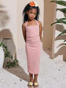 SHEIN Tween Girl Casual Elegant Commute Minimalist Solid Ruched Halter Neck Backless Long Snug Fit Dress, Pink Midi Dress For Girls, Girls Halter Dress, Tween Midi Dress, Girls Midi Dress, Dusty Rose Dress Kids - Dusty Pink - View 6