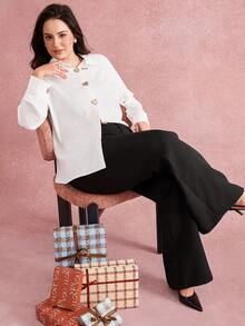 Juhart 大码女式长袖休闲木纹爱心衬衫 - 白色 - 查看 6