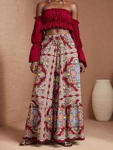 JIAN LASALA All-Over Print Elastic High Waist Wide-Leg Ruffled Hem Long Pants Women Vacation Casual Boho - Multicolor - View 3
