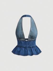 Maija 女士纯色V领无袖荷叶边铆钉时尚短款牛仔上衣 - 深色水洗藍 - 查看 4