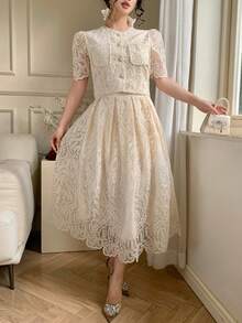 DAZY 2pcs/Set Women's Elegant French Lace Ruched Waist Slim Fit Maxi Dress - Apricot - View 4