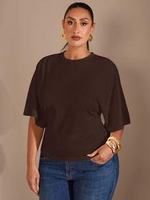 SHEIN BAE Áo thun crop top nữ cỡ lớn phong cách tối giản Y2K mùa hè, cơ bản, thoải mái, thích hợp mặc hàng ngày, đi học, phong cách đường phố, co giãn, dáng rộng, xếp ly. - Cà phê nâu - Xem 6