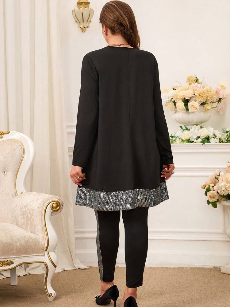 Plus Size Sequin Patchwork Black Top + Sequin Patchwork Black Leggings For Summer/Vacation/ Vacation
