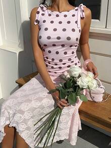 MainGRL Áo vest nữ kiểu dáng nữ tính, họa tiết chấm bi, thắt nơ cổ điển, eo nhún, thích hợp mặc hàng ngày, đi hẹn hò, ăn trưa, phong cách preppy mùa xuân hè, ôm sát, dễ thương, lãng mạn dành cho nữ và đi biển. - Hồng - Xem 5