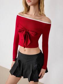 Ardnt Elegant French Style Sweet Red Christmas Basic Layering Commute Minimalist Design Slim Fit Intellectual Women T-Shirt - Burgundy - View 4