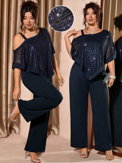 Cravure Plus Size Women's Sequin Patchwork Asymmetric Top And Casual Pants Two Pieces Set, Off-Shoulder, Vintage, Elegant, Suitable For Commuting, Party, Holiday Jumpsuits For Woman Party Sequin Jumpsuit Plus Size Sequin Jumpsuit 2026 Color Of The Year Plus Size Pant Suit Plus Size Elegant Jumpsuit