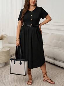 SHEIN LUNE Plus Size Basic Front Button Decor Round Neck Short Sleeve Comfortable Black Dress, Spring/Summer - Black - View 3