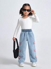 SHEIN Girls' Minimalist Ditsy Floral Back Pocket Skinny Flare Jeans - Light Wash - View 5