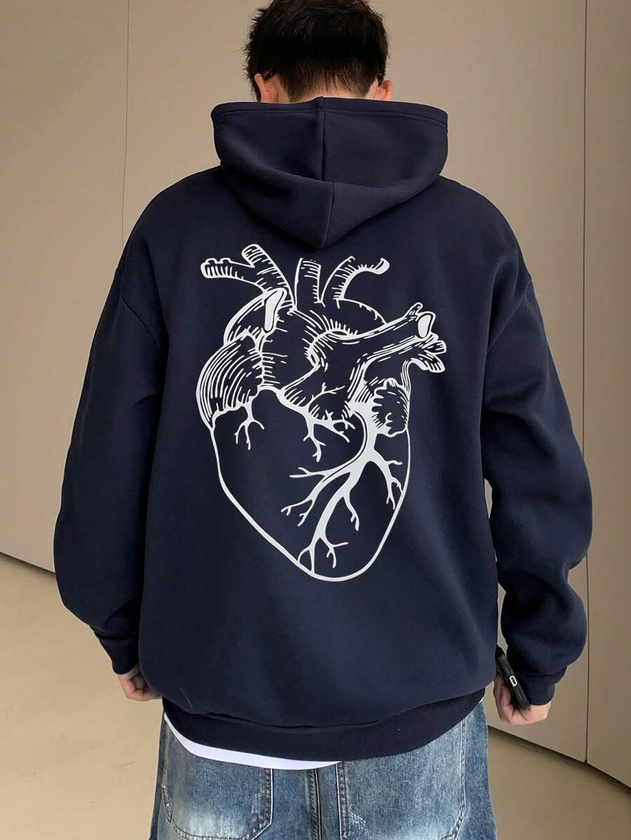 男士心形线条印花连帽衫，长袖带口袋，秋冬季休闲套头卫衣，适合作为礼物 - 藏蓝色 - 查看 1