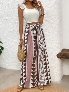 SHEIN LUNE Damen Urlaubs Hose mit geknoteter Taille, weites Bein und geometrischem Muster, lässig - Kaffeebraun - Übersicht 3