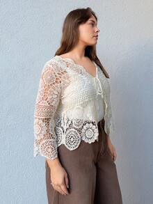 Nezia Cruz Plus Size Solid Color Front Tie Long Sleeve Vacation Knit Hollow Cardigan Winter Fall Autumn - Beige - View 3