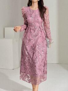 DAZY Abito elegante da donna con paillettes, ricamo e inserti in rete, vita segnata, adatto per primavera/autunno - Rosa - Visualizzare 2