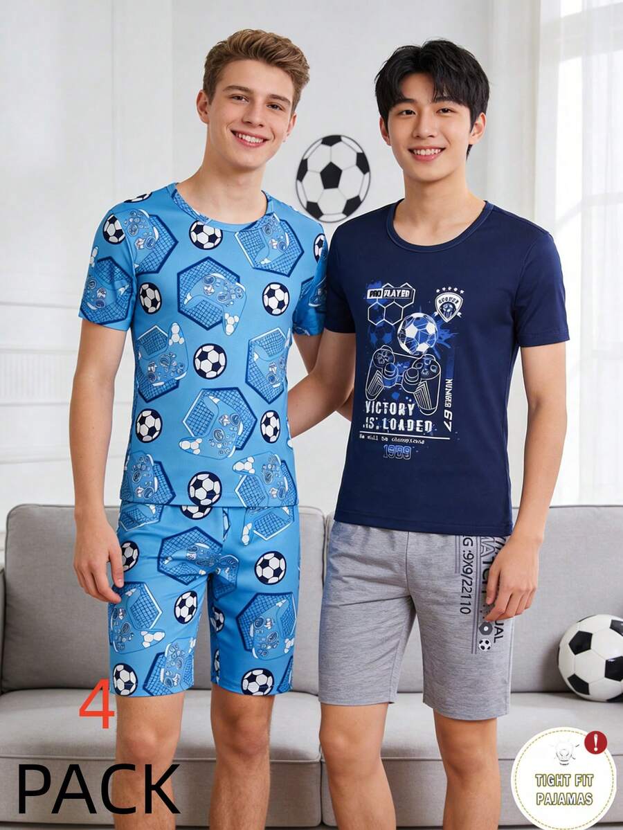 两套男童贴身睡衣，两种款式可选：海军蓝足球游戏元素款和浅蓝色足球控制器印花款，搭配同款短裤，酷炫的电竞和运动风设计，柔软弹力面料，穿着舒适，适合小男孩，可机洗。 - 彩色 - 查看 1