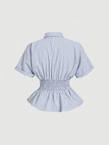 SHEIN MOD Áo sơ mi nữ kẻ sọc cổ điển, bèo nhún eo, thích hợp cho mùa xuân, đi làm, mặc thường ngày, áo công sở, áo sơ mi nữ thường ngày, áo kiểu kẻ sọc. - Xanh và trắng - Xem 3