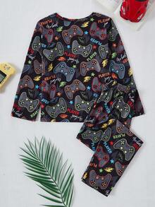 男童睡衣套装 - 两件套，游戏手柄印花，黑色多色圆领长袖长裤，适合居家休闲、玩耍、睡觉时穿着，轻薄弹力舒适，是2026年假日必备礼物，休闲家居服。 - 彩色 - 查看 3