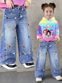 Jeans de pierna ancha de mezclilla desgastada y desteñida con panel frontal personalizado y lazo 3D, pantalones casuales versátiles, azul, estilo niñas de los 90s, K-pop de los 90s - Azul - Ver 9