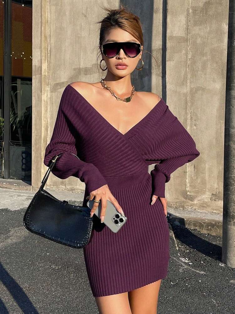 Women's V-Neck Off-Shoulder Purple Bodycon Short Sweater Dress