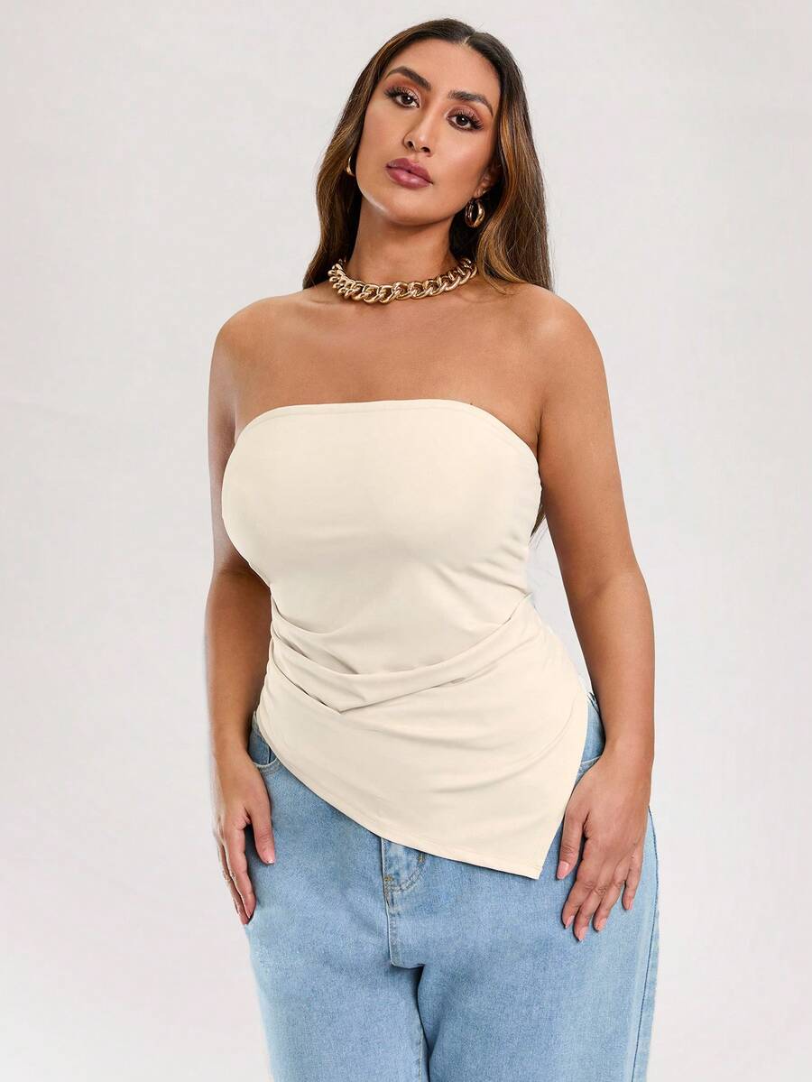 SHEIN BAE Plus Size Women's Tube Top Solid Color Beige Stretch Knitted Tight Ruffled Asymmetrical Design Hem Tank Top