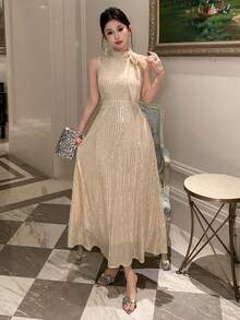 DAZY 女士优雅亮片系领无袖长裙，夏季嘉年华闪亮连衣裙 - 杏色 - 查看 1