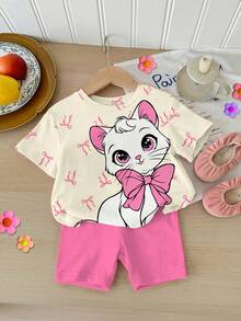 SHEIN 2 Stücke/Set Baby Mädchen Casual Süß Schleife & Katzen Muster, süßer Ballett Stil, cremeweiß rosa, Rundhals Kurzarm T-Shirt und Leggings Set, geeignet für Frühling/Sommer - Verschiedenfarbig - Übersicht 2