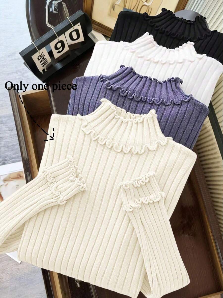 Franclia Women's Elegant Blogger-Style Ribbed Knit Sweater With Frill Trim, Long Sleeve, Chic And Stylish - Apricot - View 1