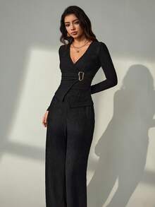Lyxana Women's V-Neck Wrap Long Sleeve Top And Pants Elegant 2 Pieces Set - Black - View 6