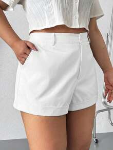 SHEIN EZwear Plus Size Women High Waist Pockets Cuffed Hem Loose Casual Shorts - White - View 4