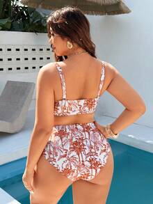 Swim Vcay 大码女式两件套随机多色印花时尚休闲度假日常可调节肩带高腰三角比基尼套装，带金属贝壳装饰 - 彩色 - 查看 2