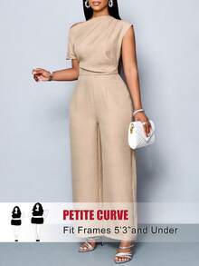 SHEIN PETITE CURVE Plus-Size Women's Jumpsuit, Suitable For All Seasons, Elegant, Casual Wear, Travel, And Leisure. Features Include A Simple Solid Color, Off-Shoulder Design, Asymmetrical Neckline, Shoulder Pleats, Short Sleeves, And Wide Legs. Perfect For Petite Women, This Jumpsuit Is Suitable For Daily Commutes, Vacations, Graduation Season, Back-To-School Season, And All Seasons. - Apricot - View 1