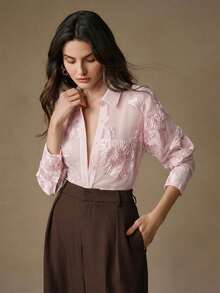 Anewsta Blusa elegante de mujer con cuello polo, de manga larga, con bordado floral francés retro y tela transparente, para primavera/verano - Rosa Pálido - Ver 3