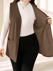 SHEIN PETITE CURVE Abrigo sencillo y casual de unicolor sin mangas y holgado con bolsillo, para primavera/verano, vacaciones en otoño/invierno, talla grande - Camel - Ver 7