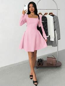 Teen Girls Elegant Formal Blush Pink Dress,Autumn Graduation Square Neck Pleated A-Line Long Sleeve Puff Dress,Casual Fit And Flare Tea Party Gown - Pink - View 5