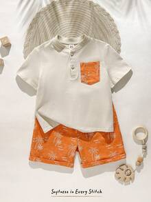 Cozy Pixies 2pcs/Set Young Boy Apricot Print Vacation Plant Pattern Pocket Half-Zip All-Match Mandarin Collar Pullover Top & Soft Printed Pants Set Boy Cotton Set Kids Long Sleeve Summer Sets Linen 2 Piece Boy Summer Set Boy Linen Outfit Boys Linen Short Sets Cotton Clothes - Multicolor - View 6