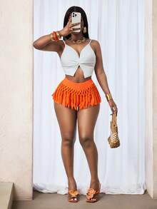 SHEIN BamGlam Women's Bright Orange Fringe Mini Skorts Summer Beach Party - Orange - View 6