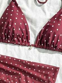 Swim Mod 3件套女士夏季沙滩装，黑白波点随机印花吊带珍珠装饰迷你裙和性感比基尼泳装 - 彩色 - 查看 4