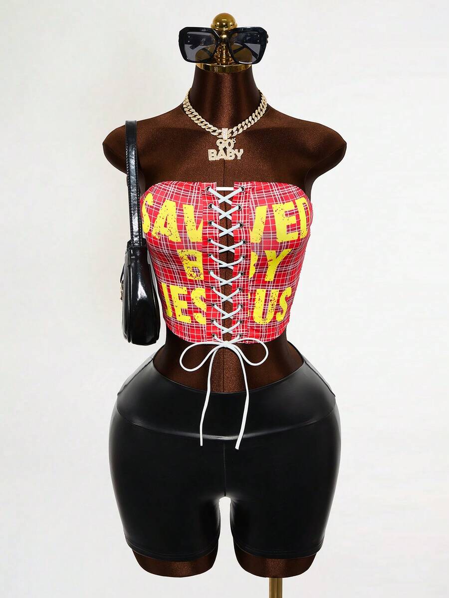 Mistrie Retro Scottish Plaid Lace-Up Tube Top Women Y2K Crop Top Spring Summer City Walk Streetwear, Pink Top,Women's Carnival Costume - Multicolor - View 1
