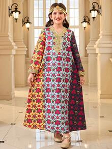 Tween Girls' Loose Casual Floral Pattern V-Neck Applique Colorblock Striped Dress - Multicolor - View 2