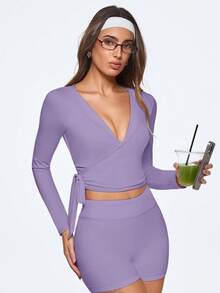 Eassivo Eassivo Women's Purple Wrap V Neck Long Sleeve Crop Top,Stretchy Yoga Outfits, Pink Gym Activewear,Light Pink Top,Women's Casual Sports Tie-Up Long Sleeve T-Shirt - Purple - View 7