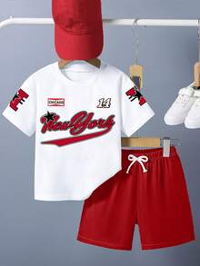 SHEIN GraphicGems 两件套幼儿男童字母印花白色圆领休闲T恤和红色纯色短裤，春、夏、秋、冬时尚套装 - 紅色 - 查看 3